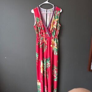 Flying Tomato Red Tropical Floral Wide Leg Jumpsuit V-Neck Boho Medium
